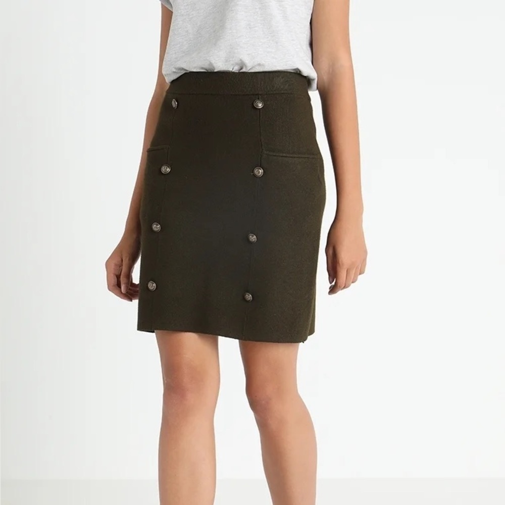 Molly Bracken Womens’s Knit Mini Skirt Sz. L/XL Olive Army Green Anchor Buttons